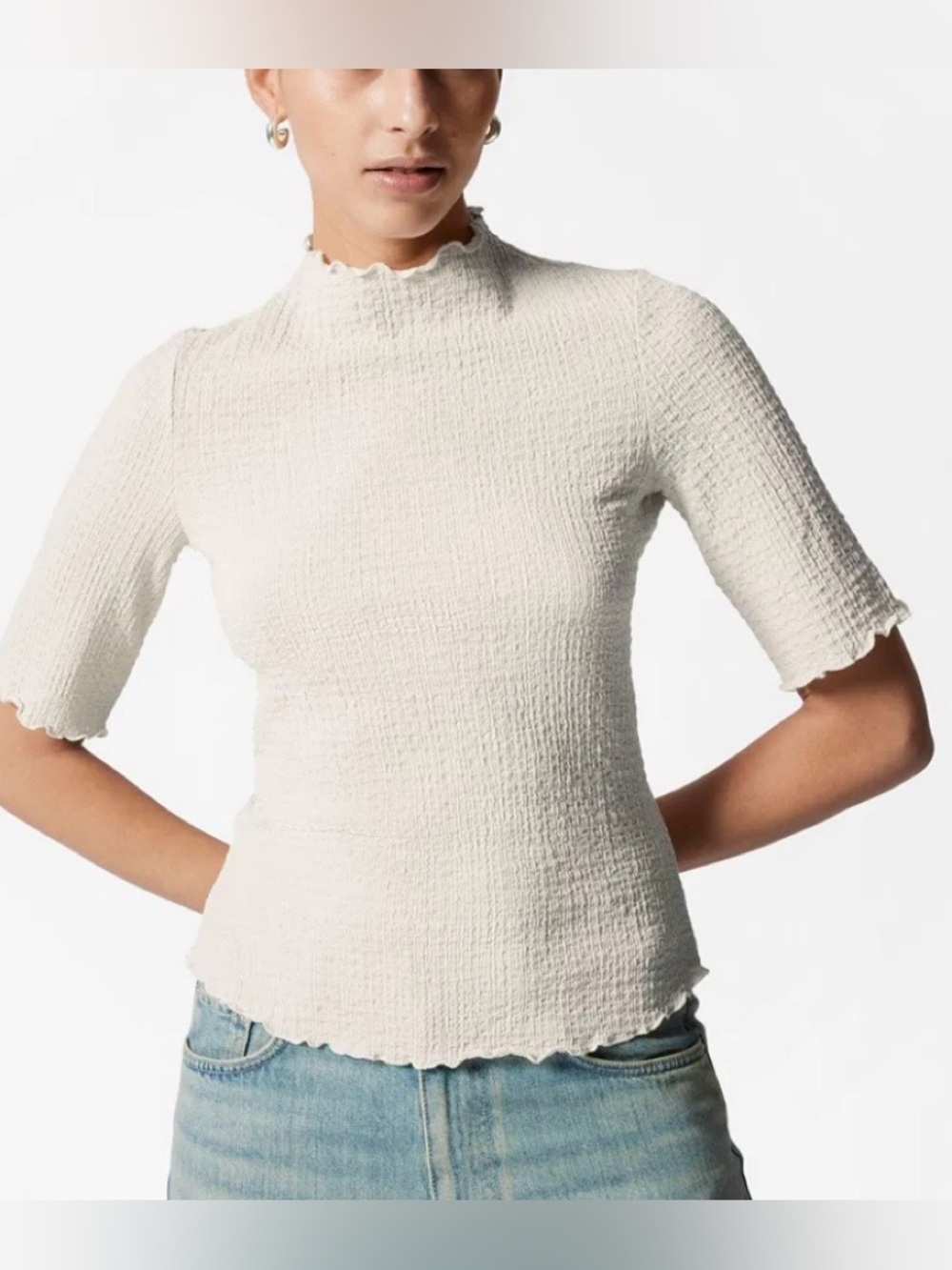 & Other Stories Cream Lettuce Edge Elbow Sleeve Tee; NWT, Sz. 10